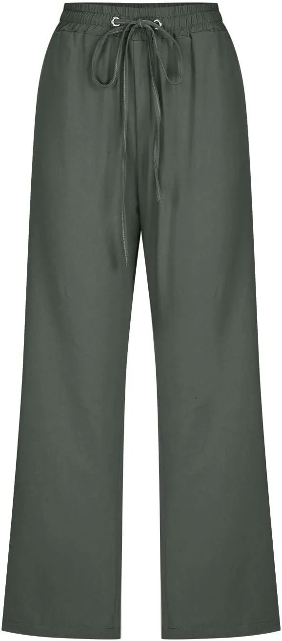 Linen Capris Pants For Women Casual 2024 Summer Drawstring Elastic High Waisted Straight Wide Leg Cropped Trousers