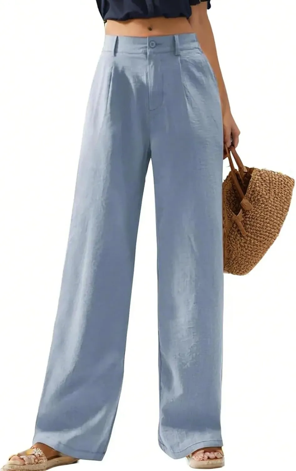 Linen Palazzo Pants for Women Dressy Business Casual High Waisted Teacher Pants Button Down Wide Leg Work Trousers