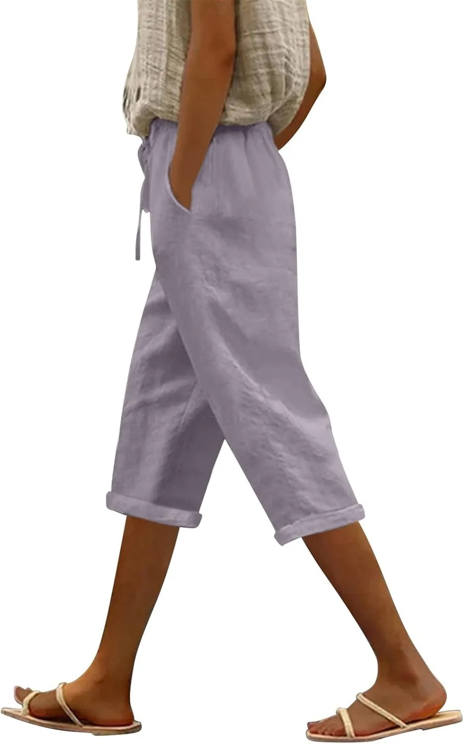 Linen Pants Capri Pants Cotton Wide Leg High Waisted Dressy Trousers Casual Summer Lounge Trousers