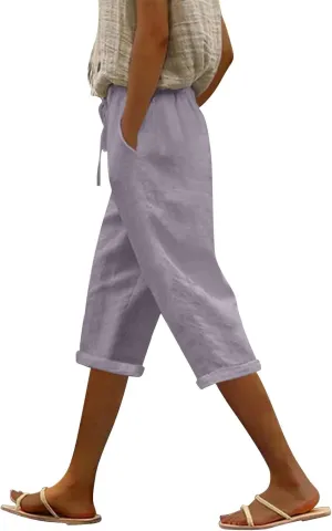 Linen Pants Capri Pants Cotton Wide Leg High Waisted Dressy Trousers Casual Summer Lounge Trousers