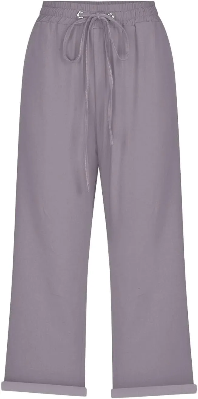 Linen Pants Capri Pants Cotton Wide Leg High Waisted Dressy Trousers Casual Summer Lounge Trousers