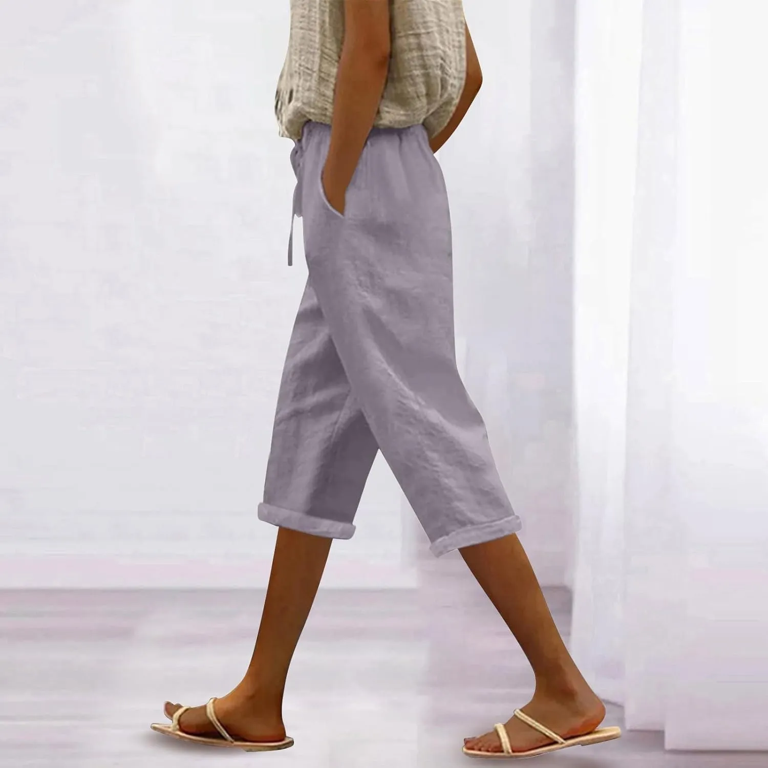 Linen Pants Capri Pants Cotton Wide Leg High Waisted Dressy Trousers Casual Summer Lounge Trousers