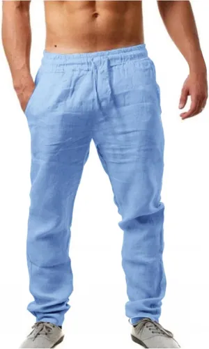 Linen Pants for Men Beach Casual Drawstring Elastic Waist Beach Yoga Pants Summer Lightweight Trousers with Pockets