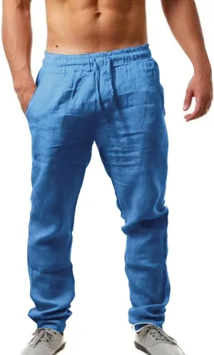 Linen Pants for Men Beach Casual Drawstring Elastic Waist Beach Yoga Pants Summer Lightweight Trousers with Pockets