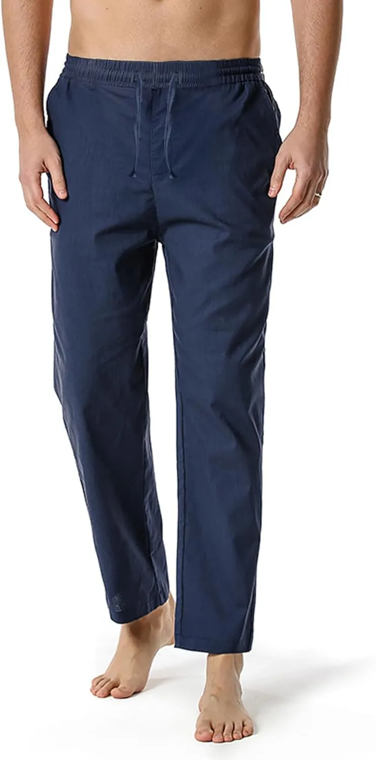 Linen Pants for Men Beach Wedding Casual Classic Elastic Waist Beach Pants Summer Lightweight Trouser with Pockets