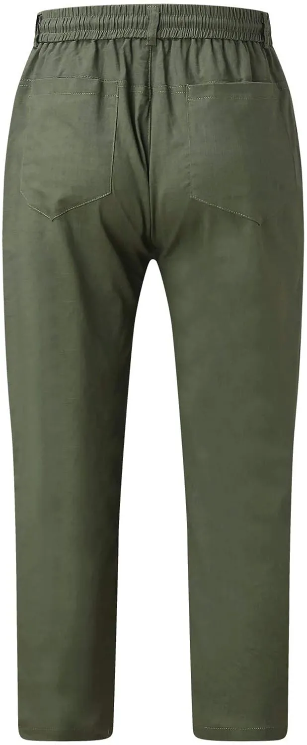 Linen Pants for Men Beach Wedding Casual Classic Elastic Waist Beach Pants Summer Lightweight Trouser with Pockets