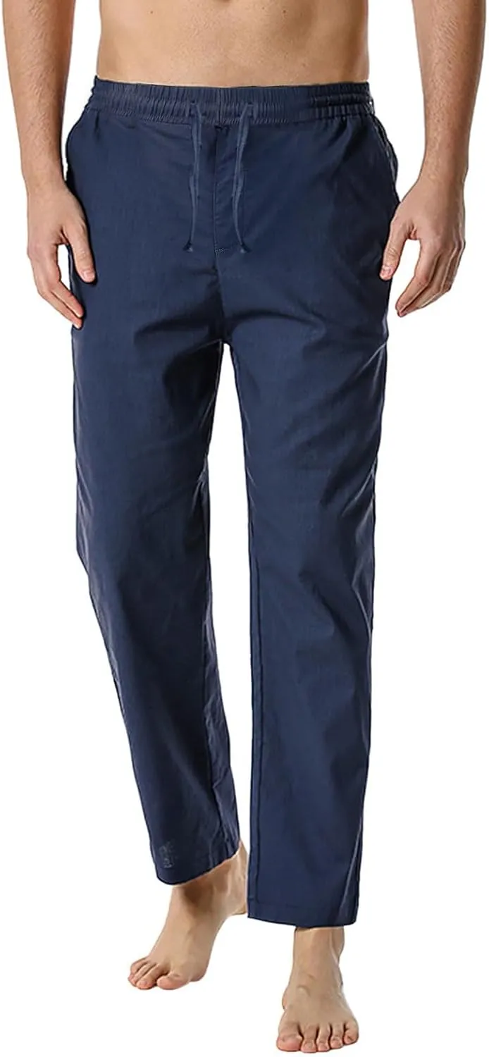 Linen Pants for Men Beach Wedding Casual Classic Elastic Waist Beach Pants Summer Lightweight Trouser with Pockets