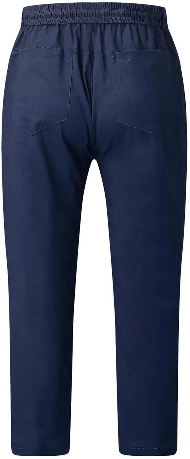 Linen Pants for Men Beach Wedding Casual Classic Elastic Waist Beach Pants Summer Lightweight Trouser with Pockets