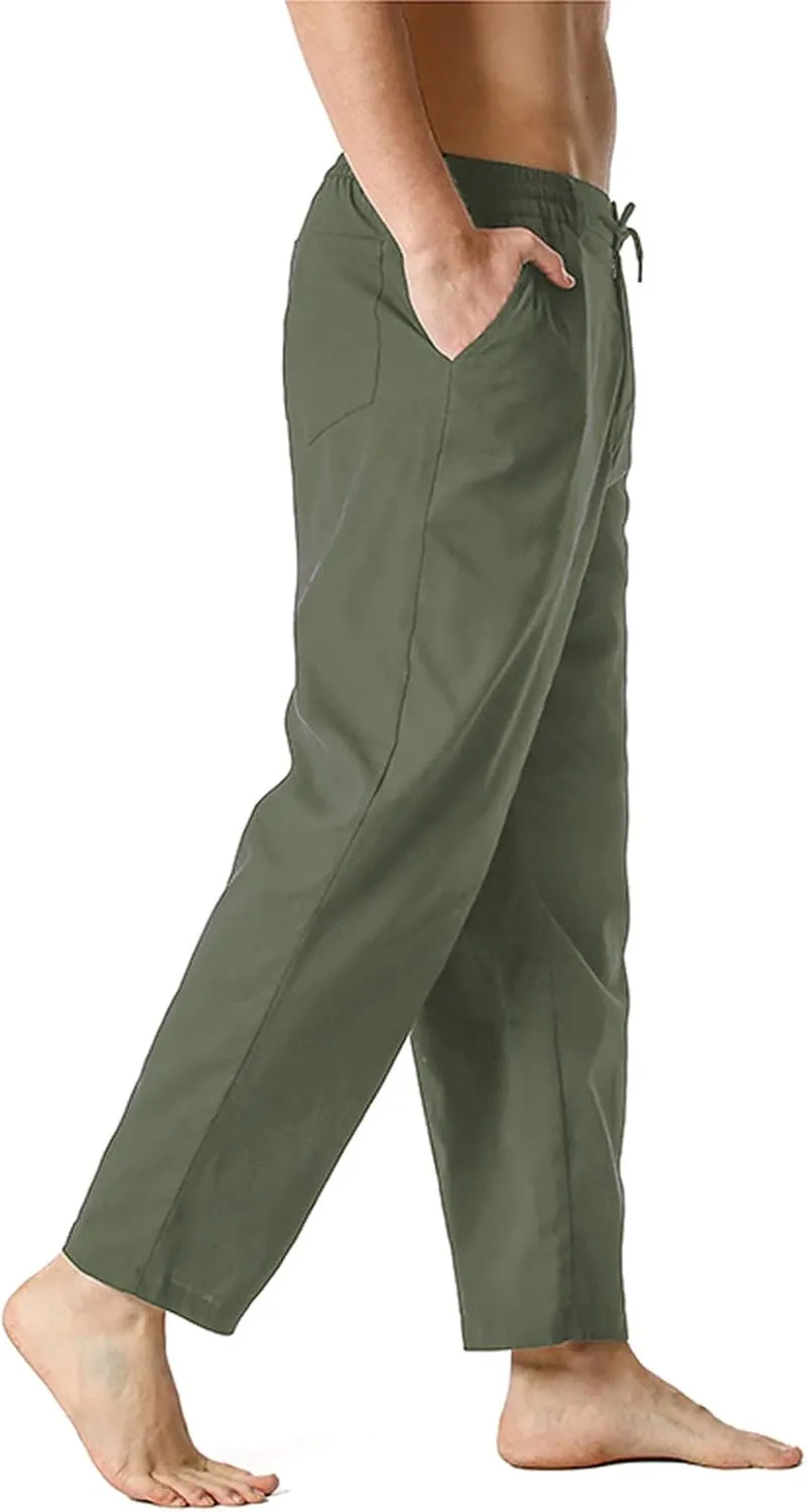 Linen Pants for Men Beach Wedding Casual Classic Elastic Waist Beach Pants Summer Lightweight Trouser with Pockets