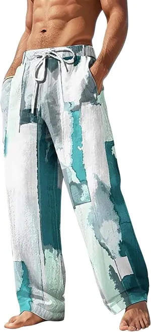 Linen Pants for Men Loose Fit Casual Elastic Waist Summer Beach Pants Lightweight Breathable Yoga Vacation Trousers