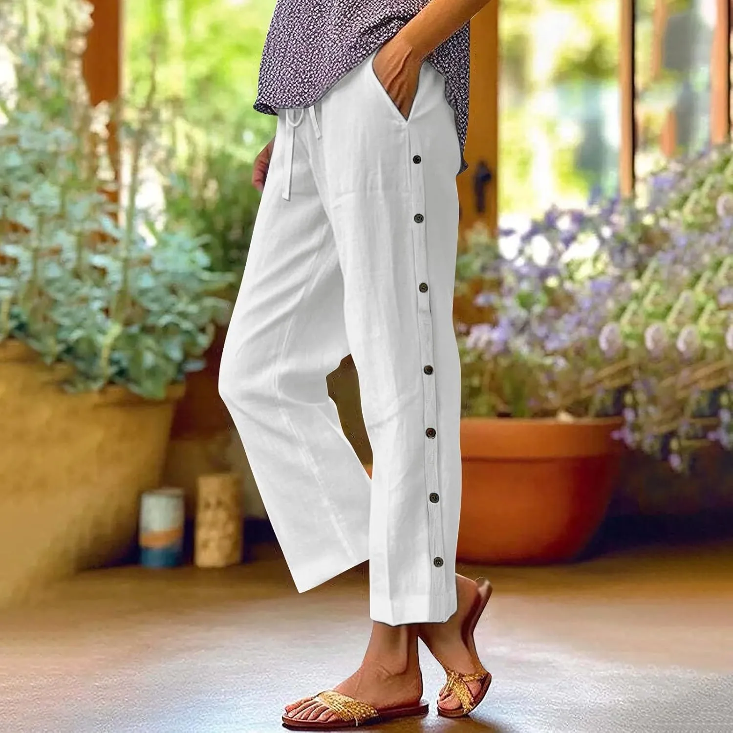Linen Pants for Women 2025 High Waisted Wide Leg Trousers Trendy Striped Side Button Elastic Waist Summer Gauze Slacks