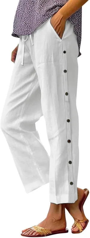 Linen Pants for Women 2025 High Waisted Wide Leg Trousers Trendy Striped Side Button Elastic Waist Summer Gauze Slacks