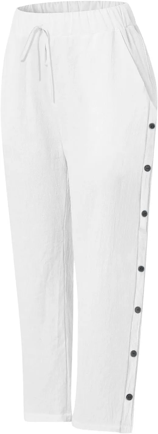 Linen Pants for Women 2025 High Waisted Wide Leg Trousers Trendy Striped Side Button Elastic Waist Summer Gauze Slacks