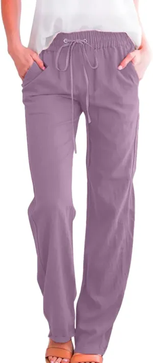 Linen Pants for Women High Waist Casual Wide Leg Trouser Drawstring Summer Pant with Pocket Beach Palazzo Sweatpant
