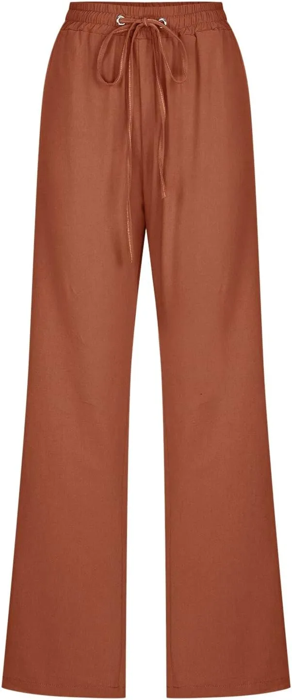 Linen Pants for Women High Waist Casual Wide Leg Trouser Drawstring Summer Pant with Pocket Beach Palazzo Sweatpant