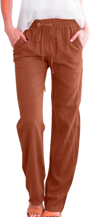 Linen Pants for Women High Waist Casual Wide Leg Trouser Drawstring Summer Pant with Pocket Beach Palazzo Sweatpant
