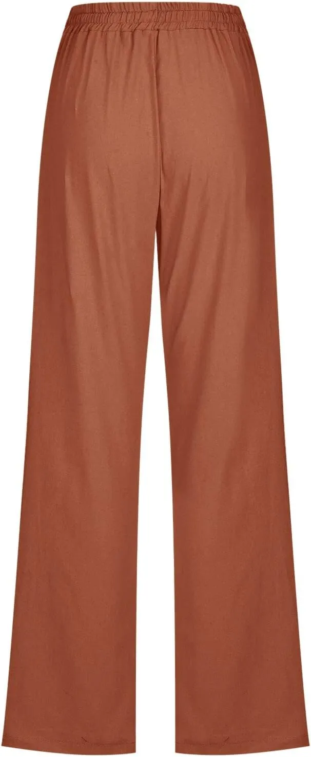 Linen Pants for Women High Waist Casual Wide Leg Trouser Drawstring Summer Pant with Pocket Beach Palazzo Sweatpant