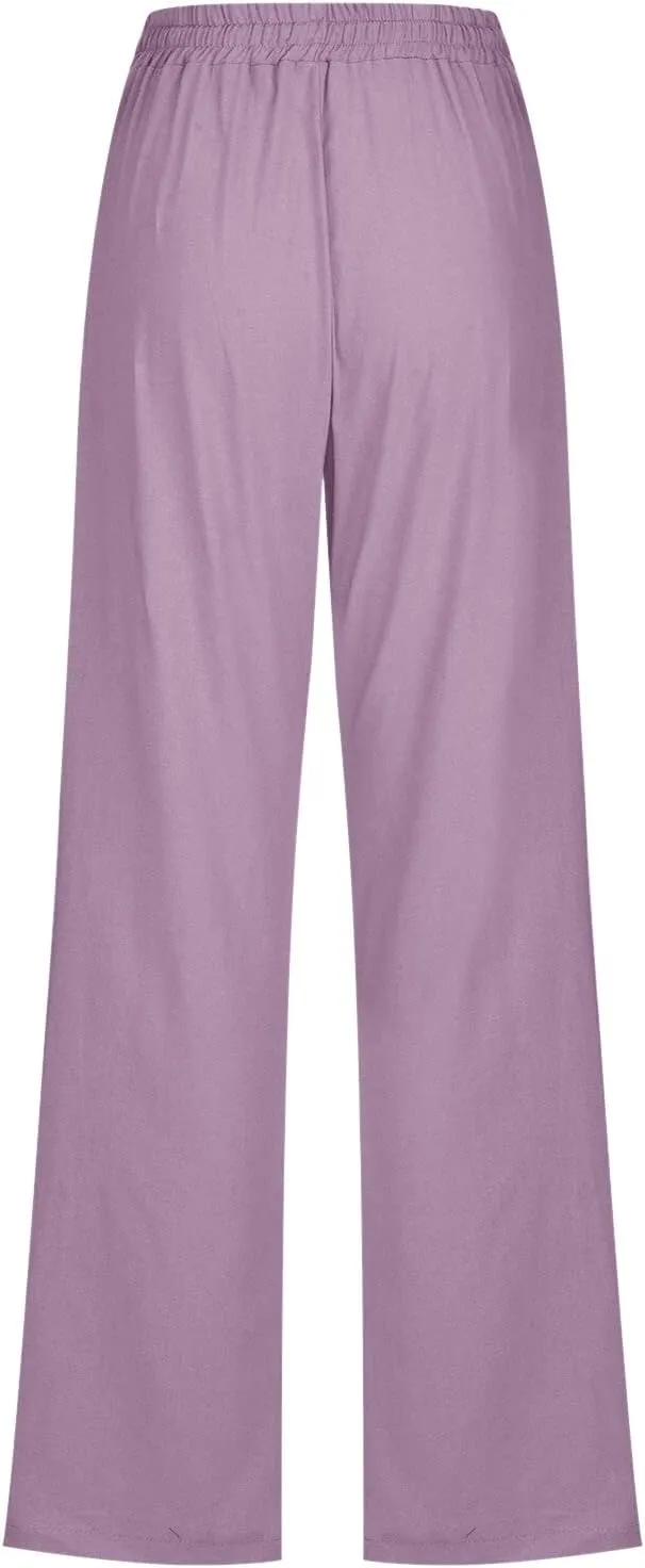 Linen Pants for Women High Waist Casual Wide Leg Trouser Drawstring Summer Pant with Pocket Beach Palazzo Sweatpant