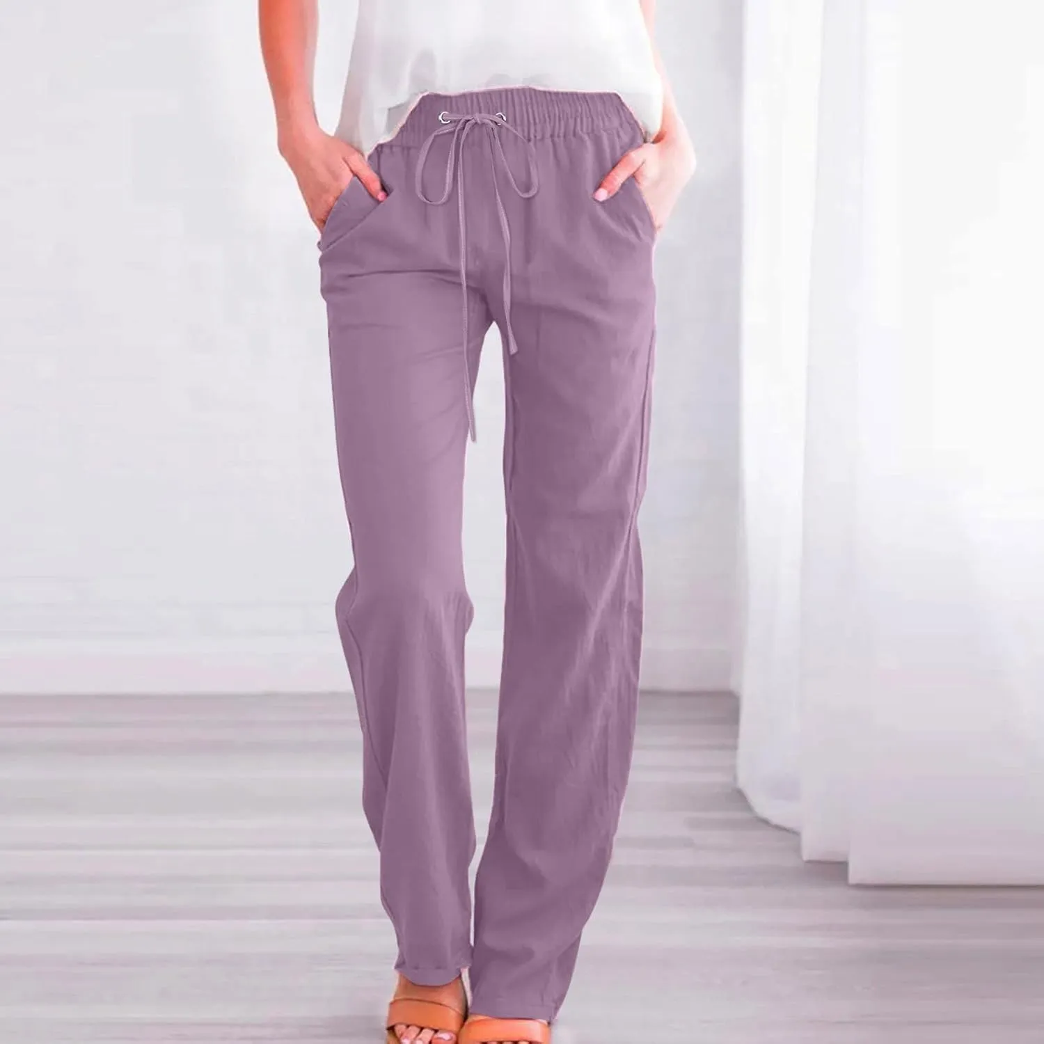 Linen Pants for Women High Waist Casual Wide Leg Trouser Drawstring Summer Pant with Pocket Beach Palazzo Sweatpant