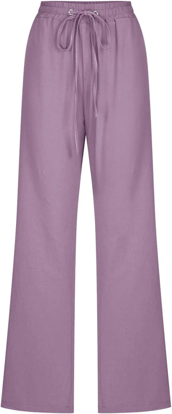 Linen Pants for Women High Waist Casual Wide Leg Trouser Drawstring Summer Pant with Pocket Beach Palazzo Sweatpant