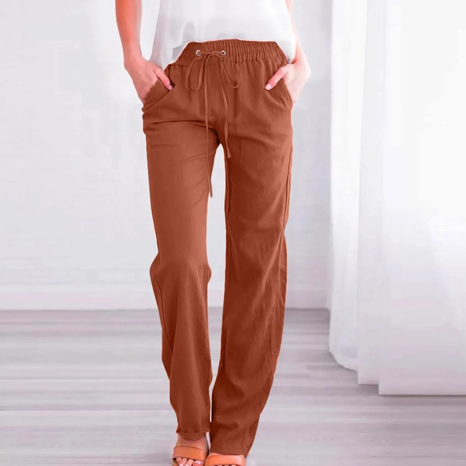 Linen Pants for Women High Waist Casual Wide Leg Trouser Drawstring Summer Pant with Pocket Beach Palazzo Sweatpant