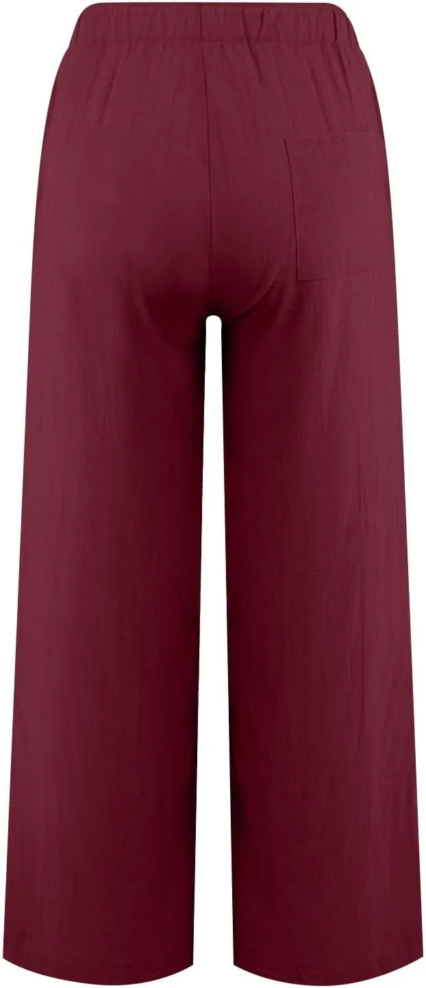 Linen Pants for Women Ladies Casual Summer Solid Color Boho Plus Size High Waisted Linen Pants Cotton Comfy Lounge Trousers
