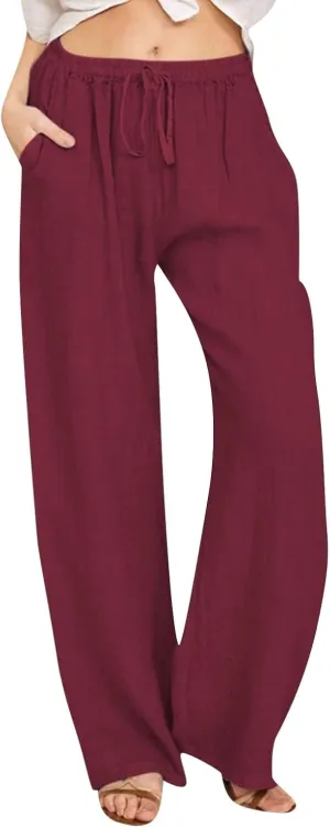Linen Pants for Women Ladies Casual Summer Solid Color Boho Plus Size High Waisted Linen Pants Cotton Comfy Lounge Trousers