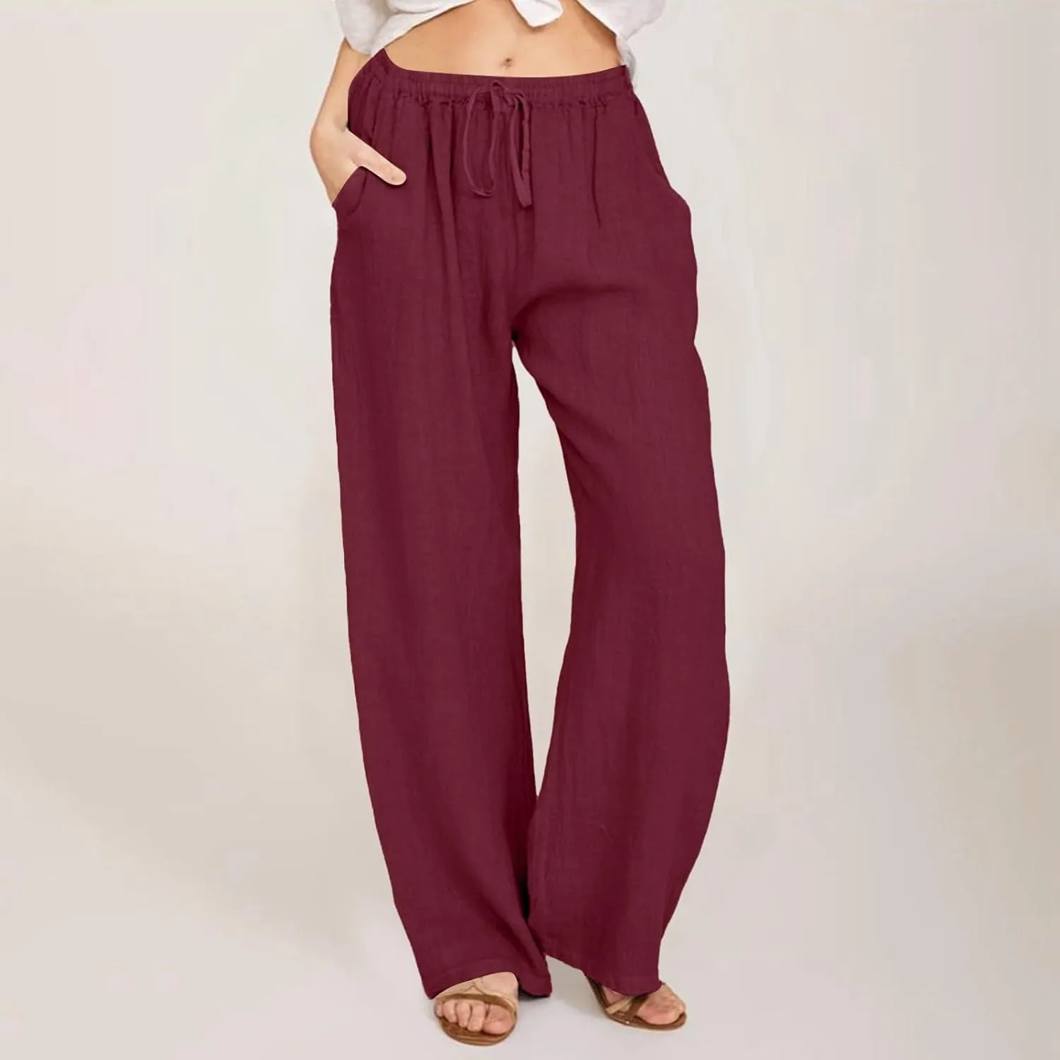 Linen Pants for Women Ladies Casual Summer Solid Color Boho Plus Size High Waisted Linen Pants Cotton Comfy Lounge Trousers