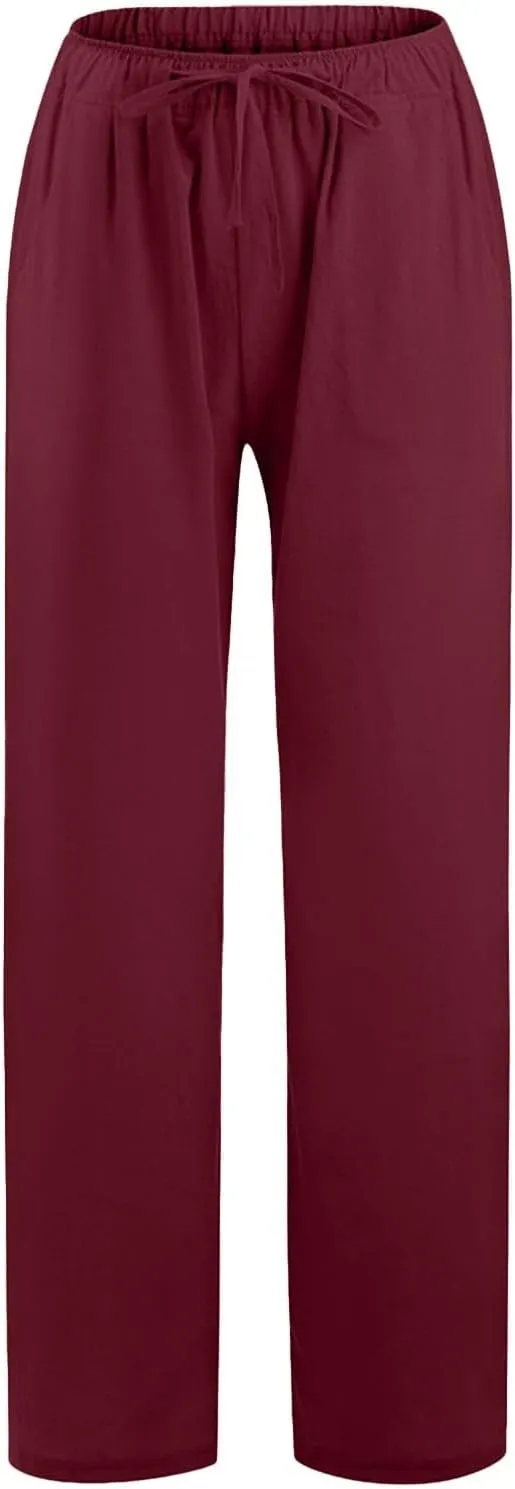 Linen Pants for Women Ladies Casual Summer Solid Color Boho Plus Size High Waisted Linen Pants Cotton Comfy Lounge Trousers