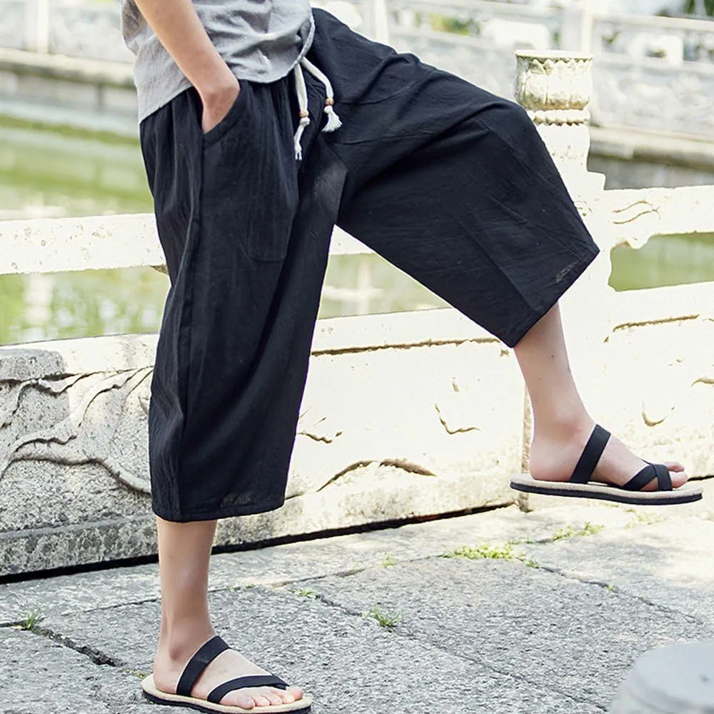 Linen Pants Men Big and Tall Classic Hippie Harem Pants Casual Lightweight Straight Leg Summer Beach Trousers