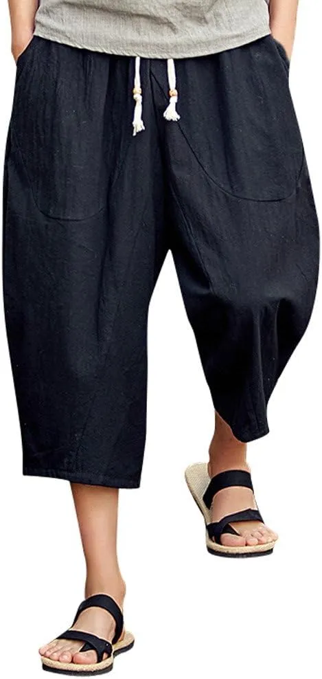 Linen Pants Men Big and Tall Classic Hippie Harem Pants Casual Lightweight Straight Leg Summer Beach Trousers