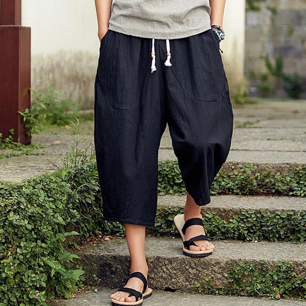 Linen Pants Men Big and Tall Classic Hippie Harem Pants Casual Lightweight Straight Leg Summer Beach Trousers