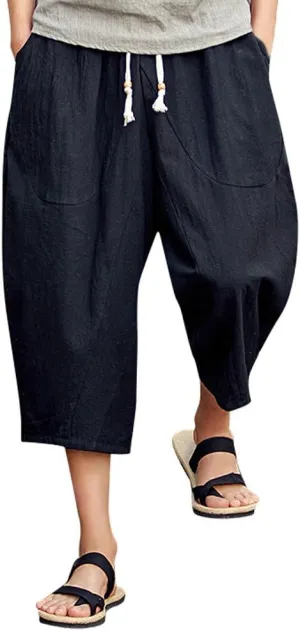 Linen Pants Men Big and Tall Classic Hippie Harem Pants Casual Lightweight Straight Leg Summer Beach Trousers