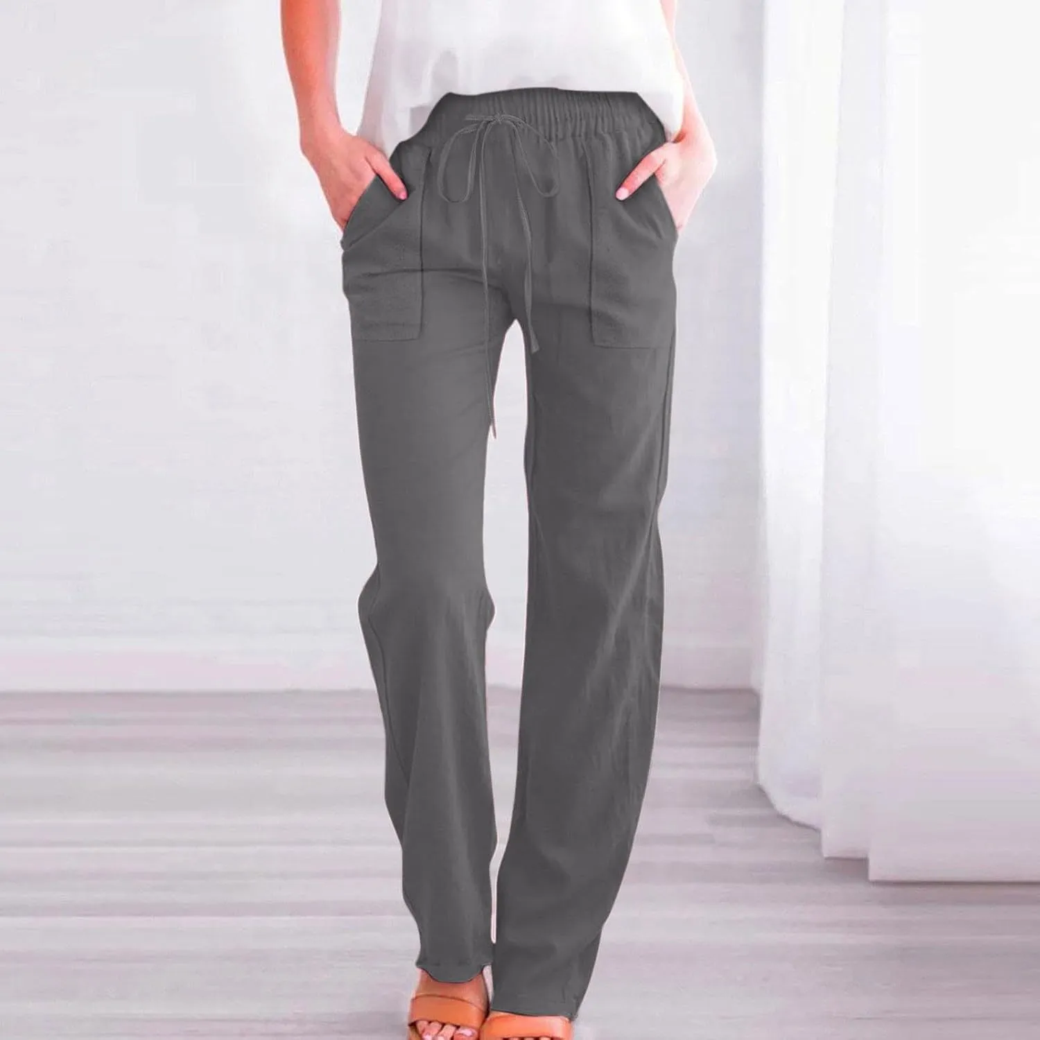 Linen Pants Women 2025 Summer Drawstring Pants Casual Loose Wide Leg Lounge Pants Trousers for Beach Travel Vacation