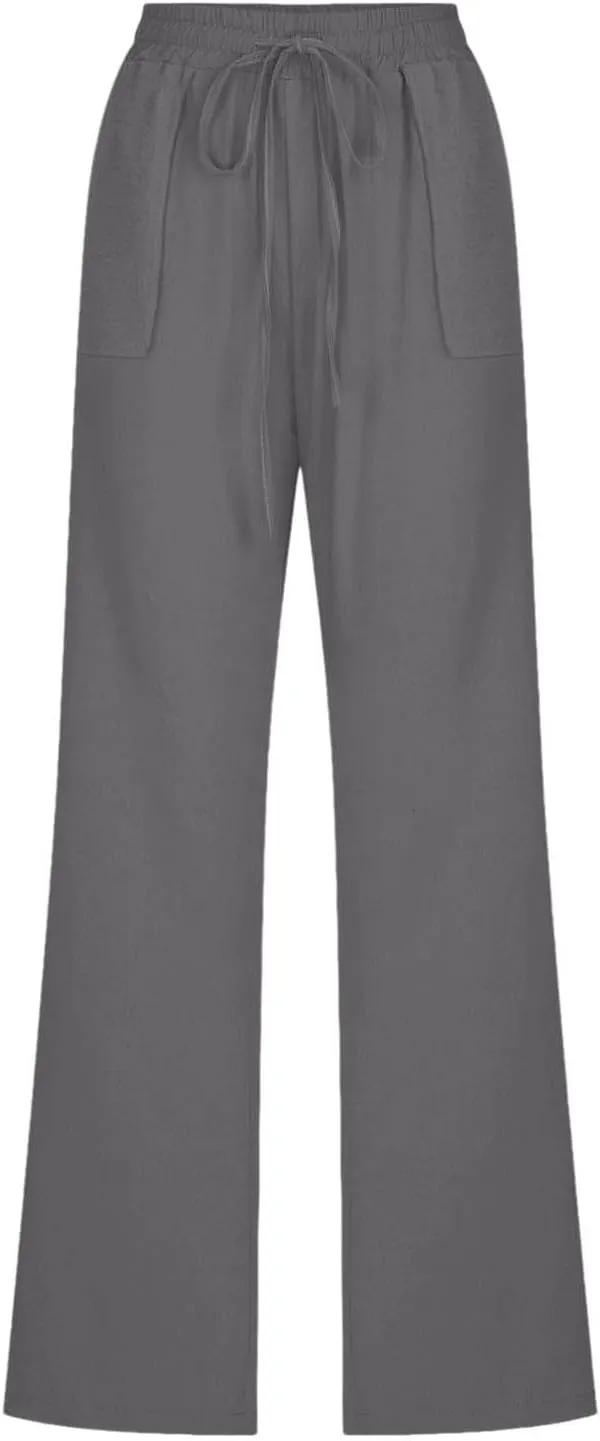 Linen Pants Women 2025 Summer Drawstring Pants Casual Loose Wide Leg Lounge Pants Trousers for Beach Travel Vacation