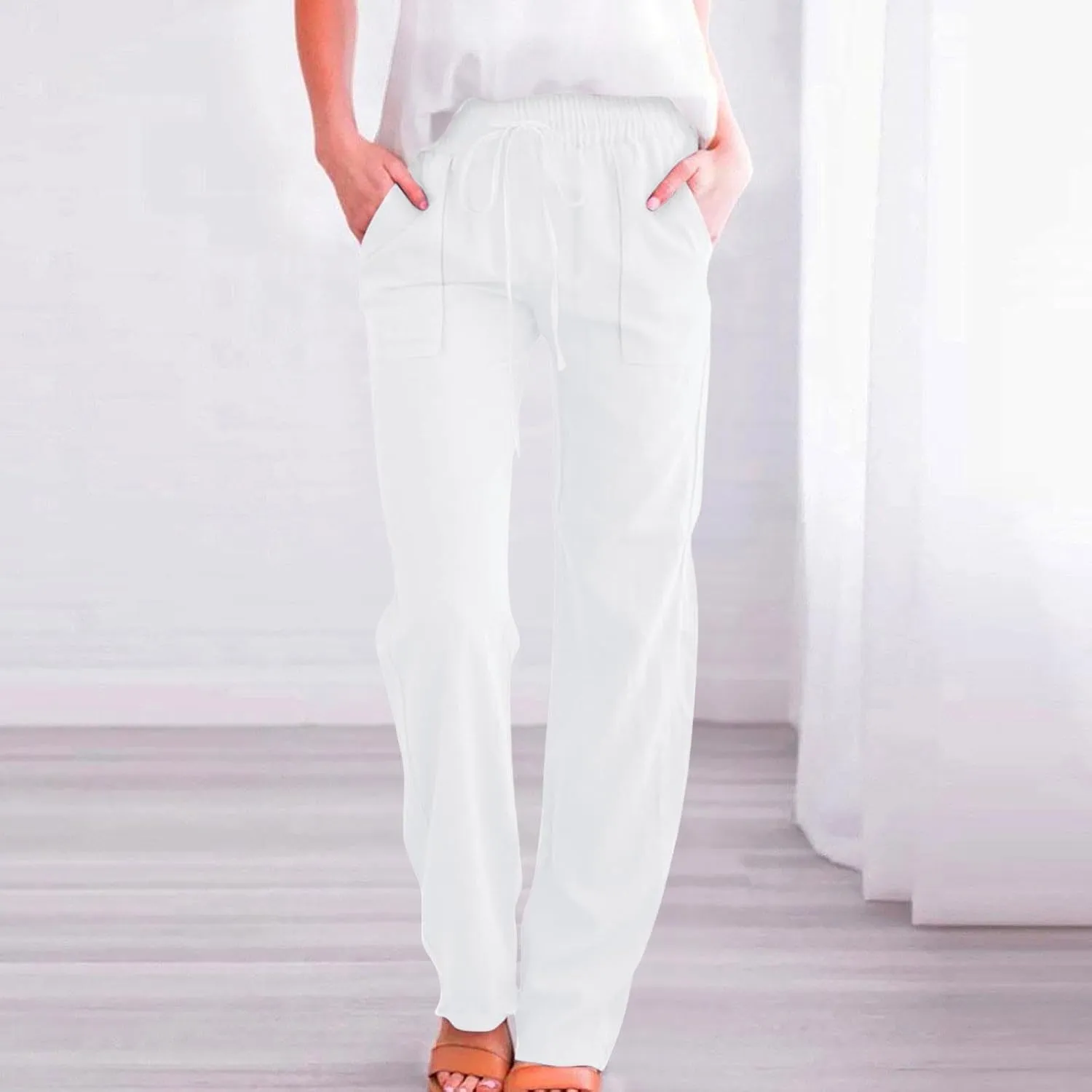 Linen Pants Women 2025 Summer Drawstring Pants Casual Loose Wide Leg Lounge Pants Trousers for Beach Travel Vacation
