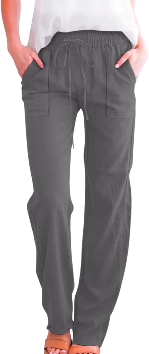 Linen Pants Women 2025 Summer Drawstring Pants Casual Loose Wide Leg Lounge Pants Trousers for Beach Travel Vacation