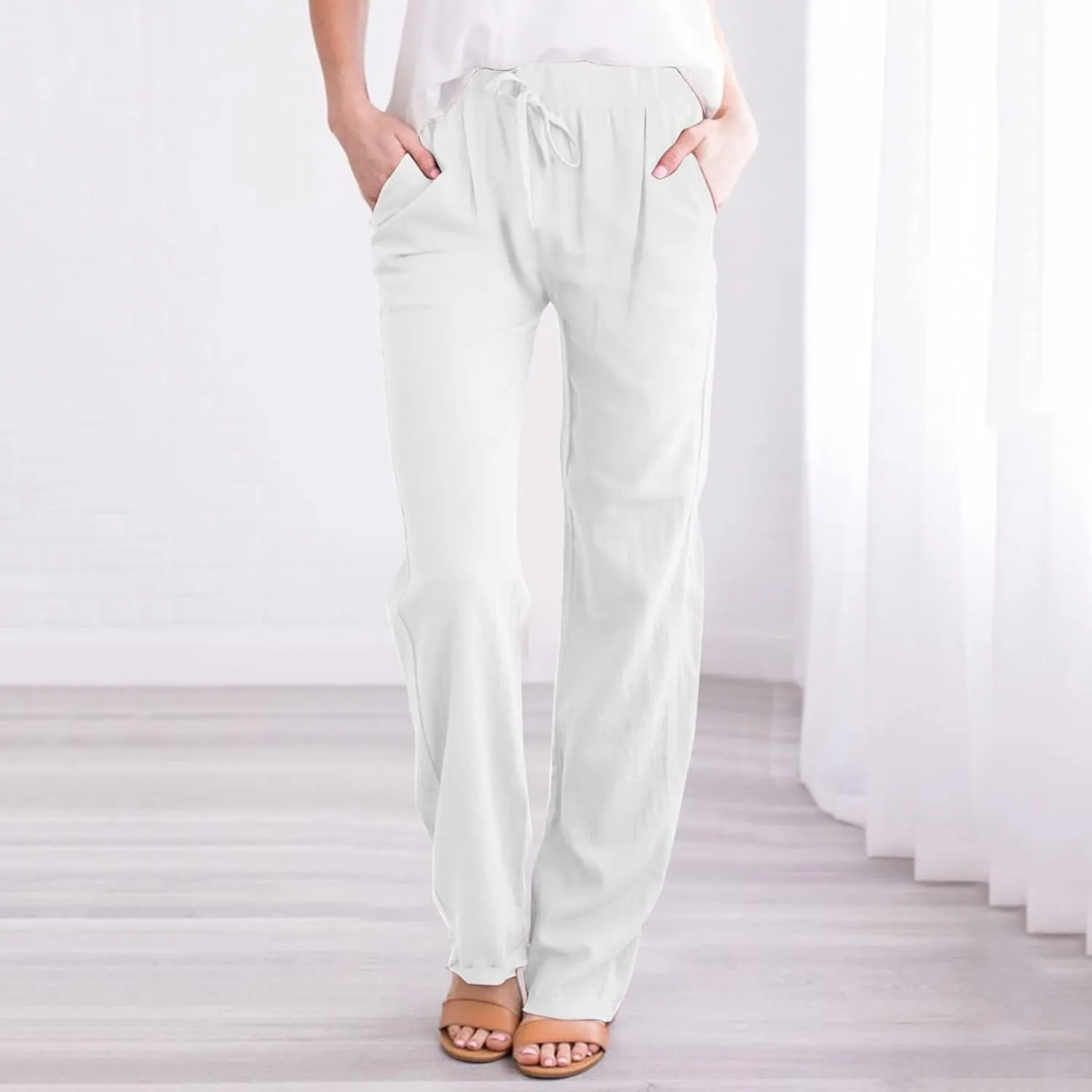 Linen Pants Women Capri Pants Cotton Wide Leg High Waisted Dressy Trousers Loose Business Work Lounge Trousers