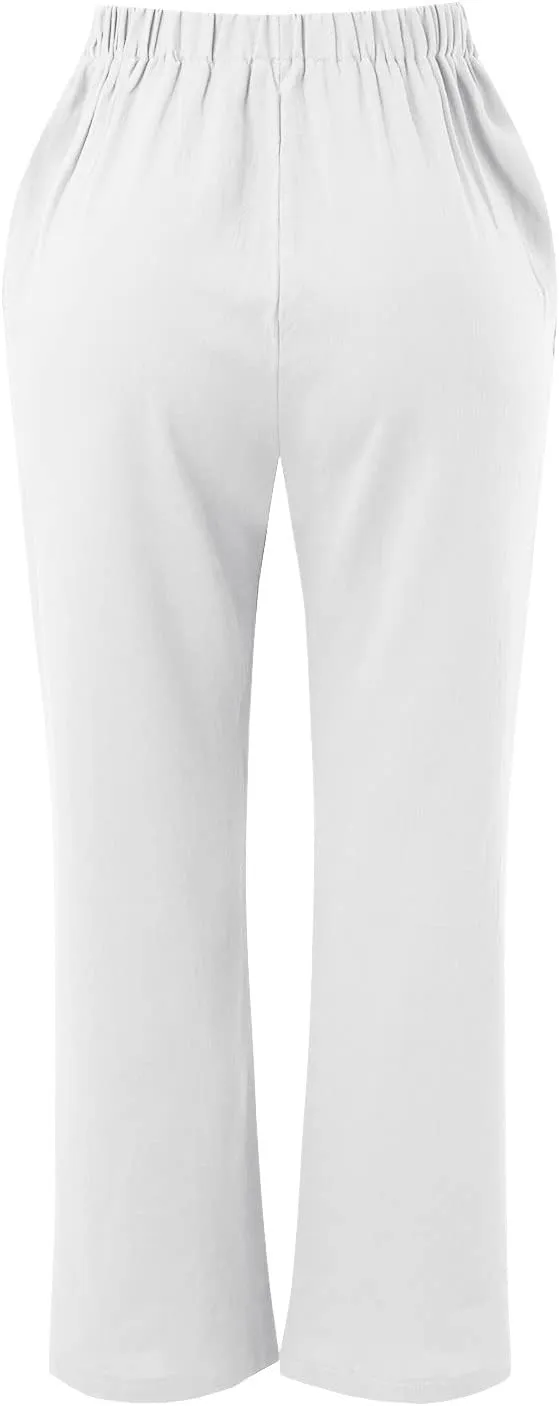 Linen Pants Women Capri Pants Cotton Wide Leg High Waisted Dressy Trousers Loose Business Work Lounge Trousers