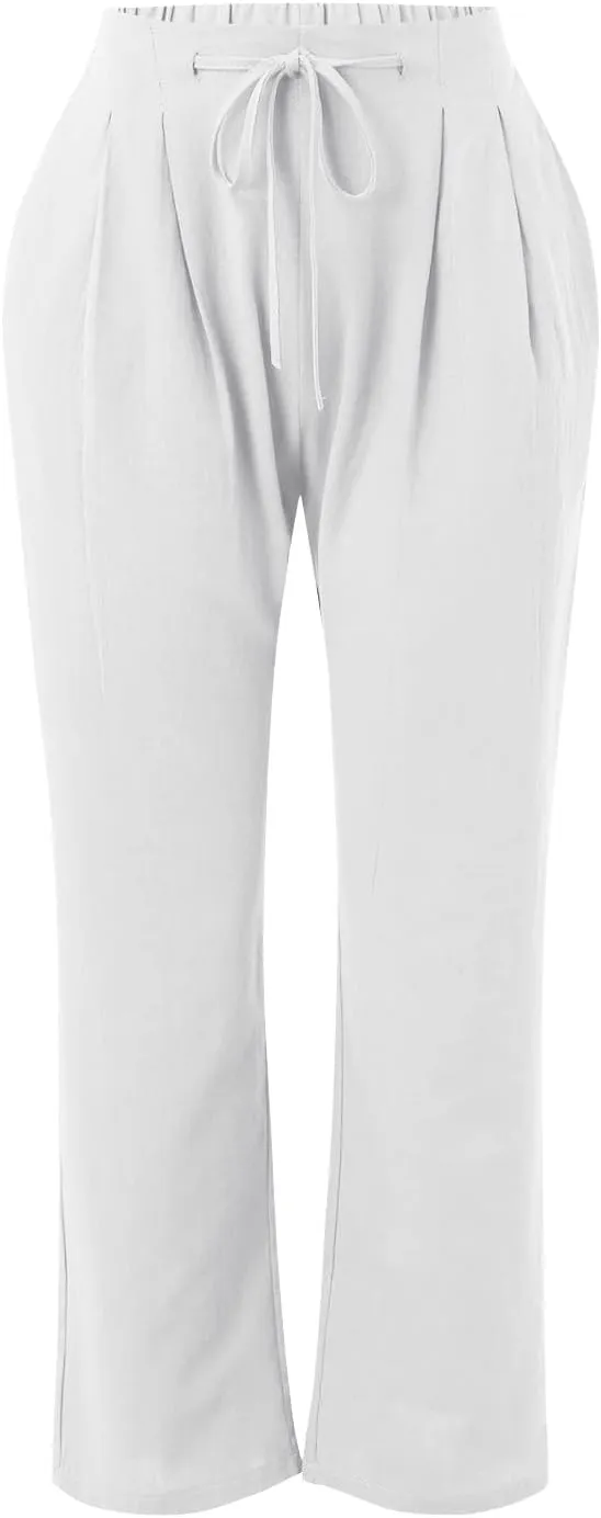 Linen Pants Women Capri Pants Cotton Wide Leg High Waisted Dressy Trousers Loose Business Work Lounge Trousers