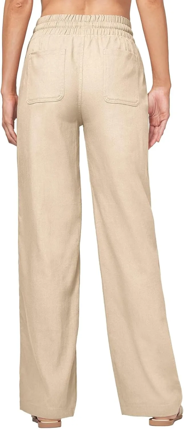 Linen Pants Women Casual Palazzo Pants High Waist Wide Leg Pant Lightweight Summer Solid Lounge Long Trousers
