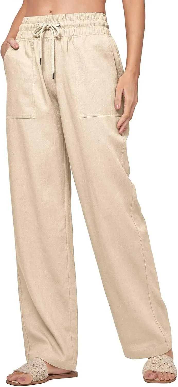 Linen Pants Women Casual Palazzo Pants High Waist Wide Leg Pant Lightweight Summer Solid Lounge Long Trousers
