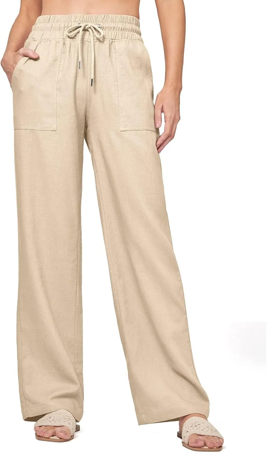 Linen Pants Women Casual Palazzo Pants High Waist Wide Leg Pant Lightweight Summer Solid Lounge Long Trousers