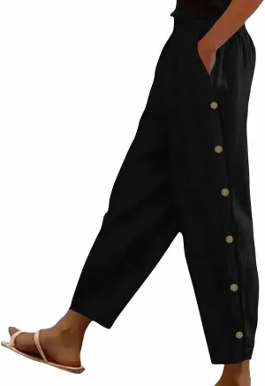 Linen Pants Women Casual Summer Loose Fit Boho Straight Leg Solid Color High Waist Linen Pants Stretch Trousers with Pockets