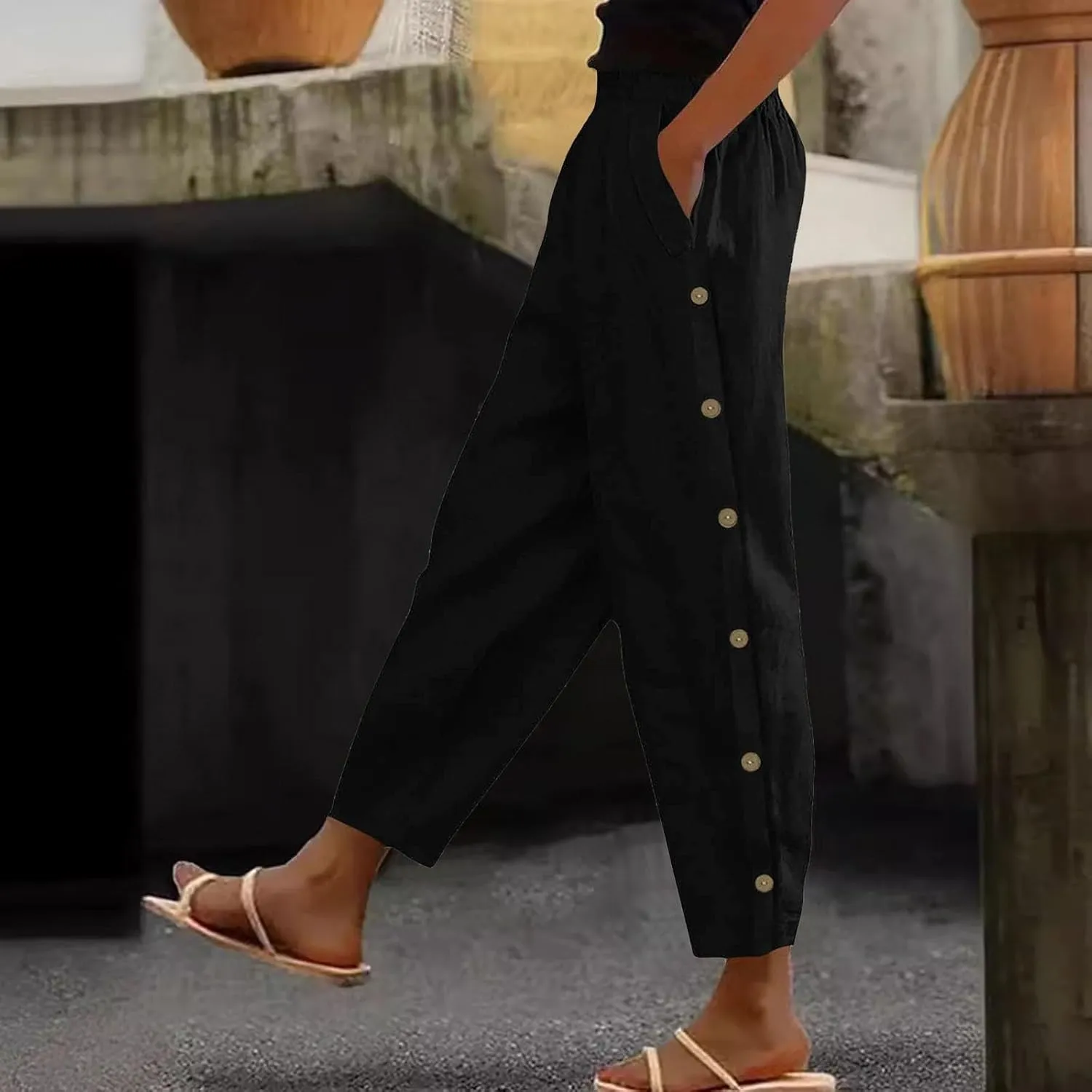 Linen Pants Women Casual Summer Loose Fit Boho Straight Leg Solid Color High Waist Linen Pants Stretch Trousers with Pockets