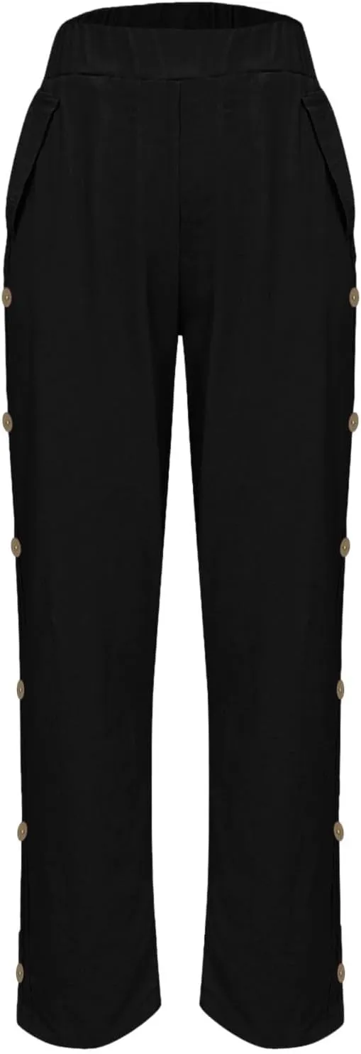 Linen Pants Women Casual Summer Loose Fit Boho Straight Leg Solid Color High Waist Linen Pants Stretch Trousers with Pockets