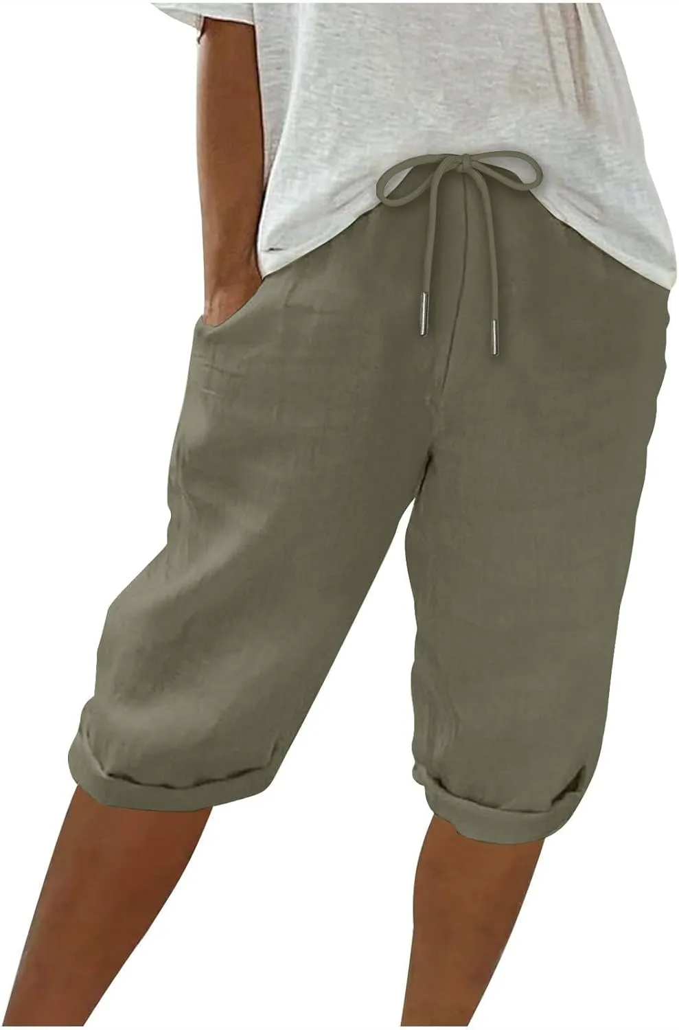Linen Pants Women, Cotton Capris for Women Casual Summer, Pantaln De Lino para Mujer, Lightweight Capri High Waisted Elastic Waist Trousers Loose Summer Lounge Long Trousers Dark Gray Small