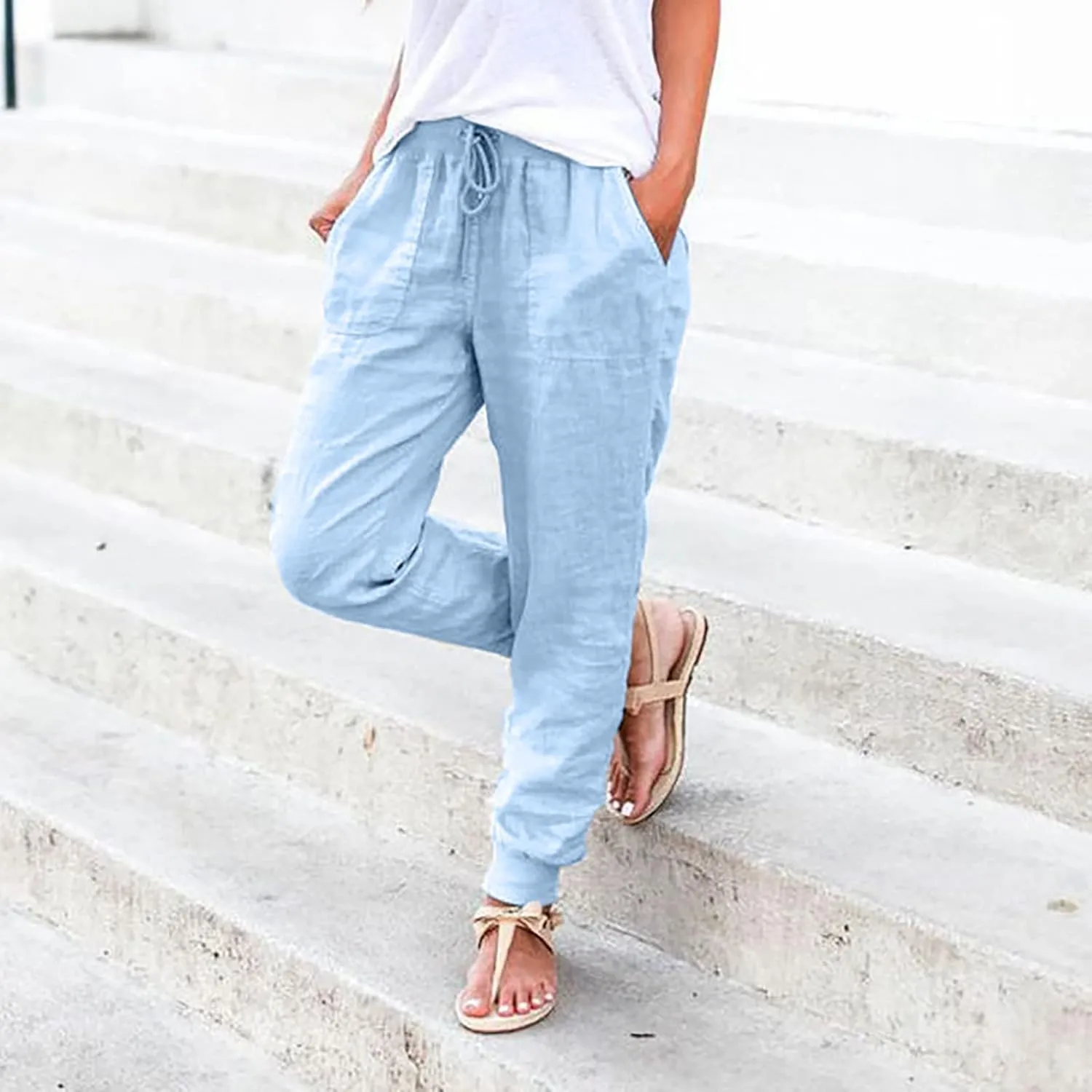 Linen Pants Women Ladies Casual Summer Solid Color Boho Plus Size High Waisted Linen Pants Plus Size Trousers with Pockets