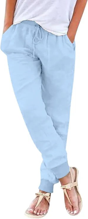 Linen Pants Women Ladies Casual Summer Solid Color Boho Plus Size High Waisted Linen Pants Plus Size Trousers with Pockets