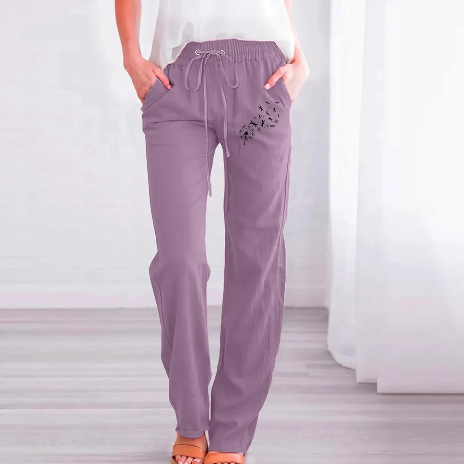 Linen Pants Women Long Straight Leg Loose Comfy Trousers High Waist Drawstring Summer Lounge Beach Soft Sweatpants